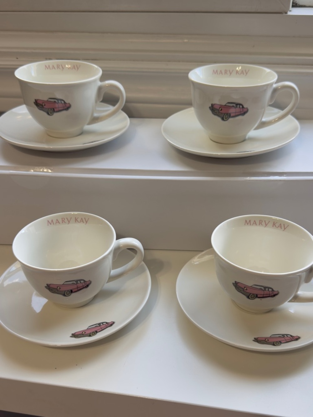Mary Kay Branded Set of 4 Cups and Saucers with Pink Cadillac - Set #2
